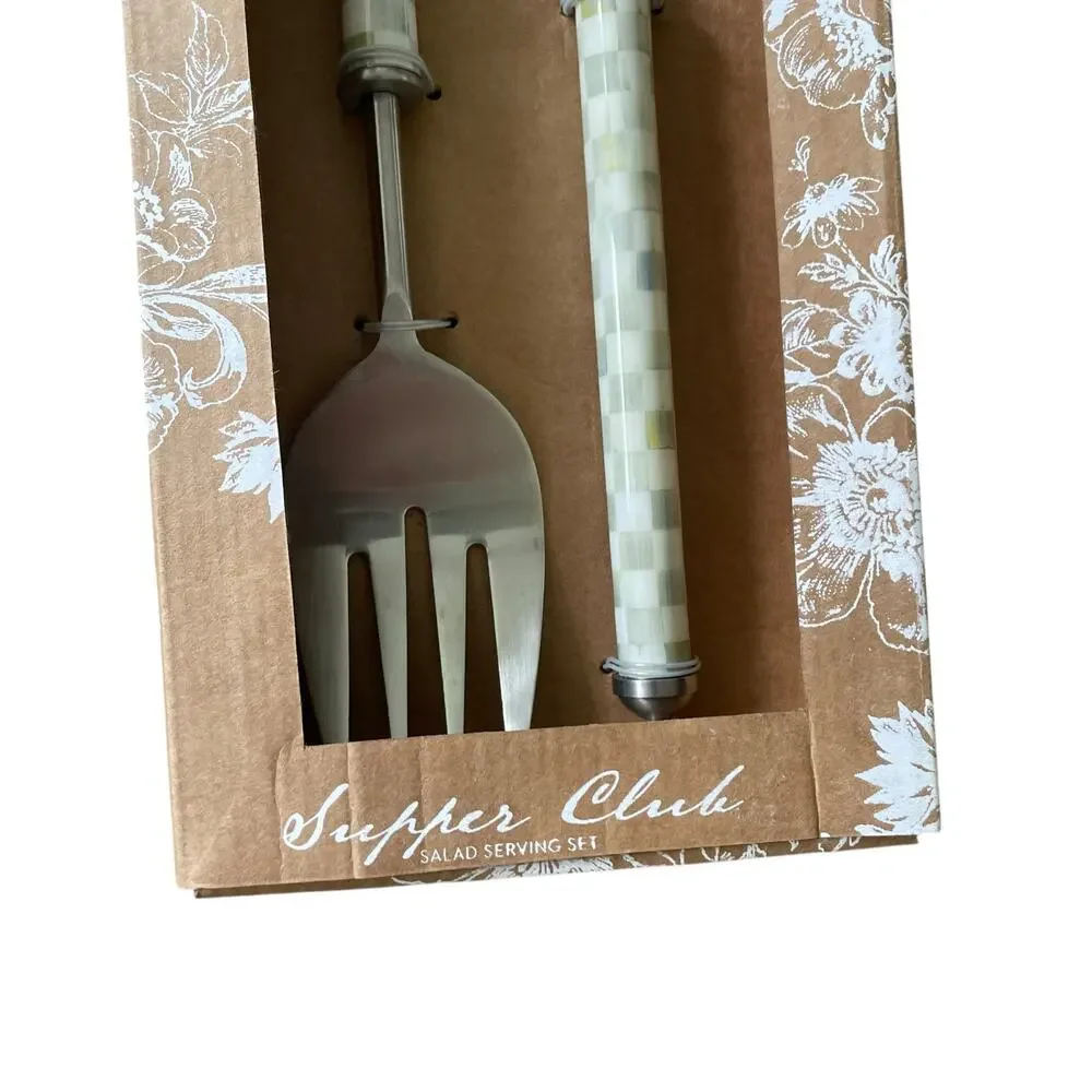 Brand New Mackenzie-Childs Sterling Check Supper Club Salad Serving Set